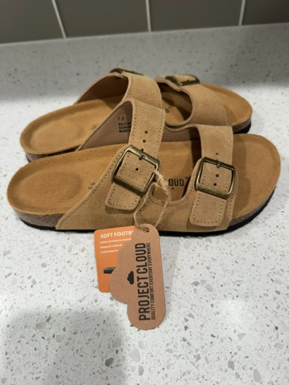 Project Cloud Venita 100% Genuine Leather Flat Sandals in Camel, Size 7.5